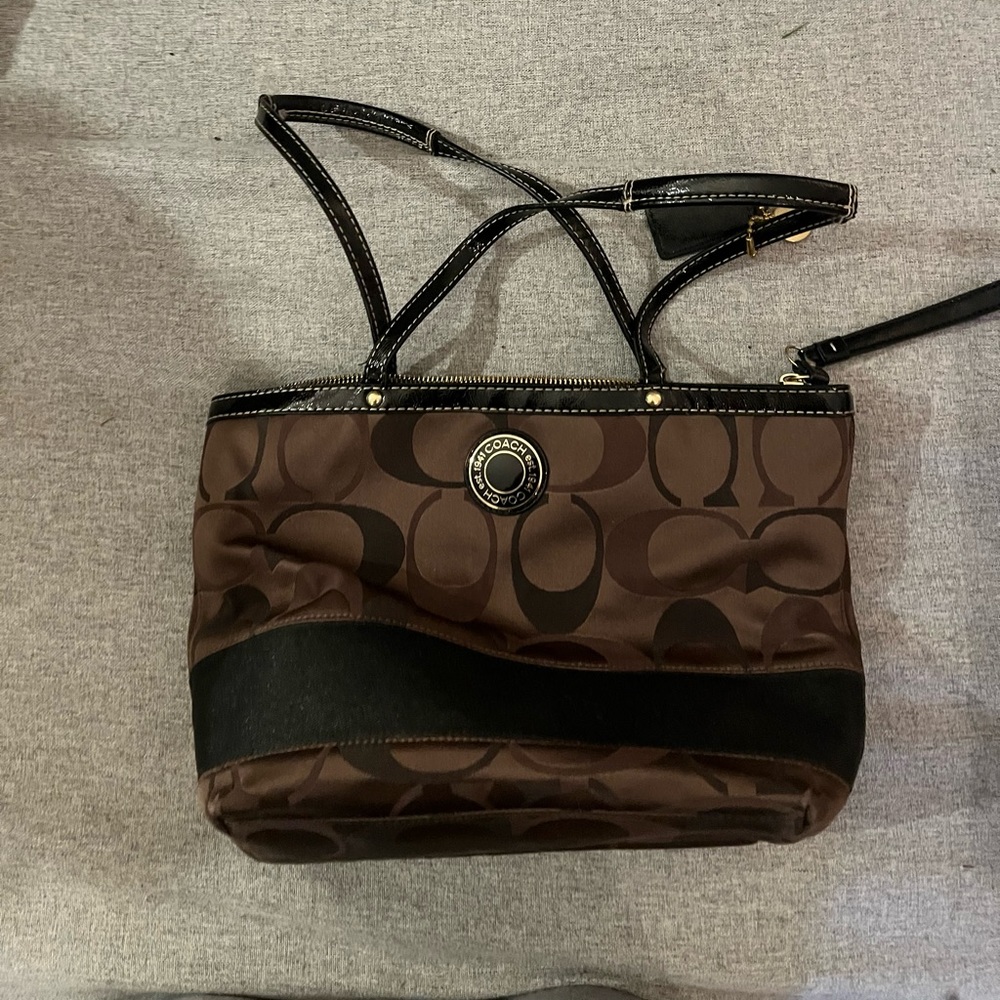 Brown Coach Large Logo Print Shoulder Bag